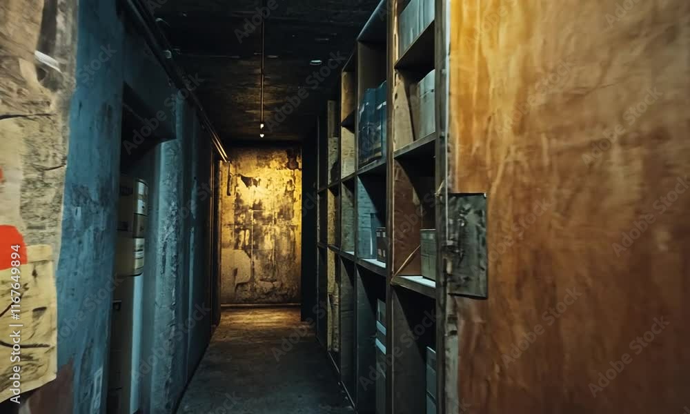 Mysterious Archive: A dimly lit corridor in a forgotten archive, filled with aged boxes and maps, evokes a sense of secrecy and history. Mysterious Archive: A dimly lit corridor in a forgotten archive, filled with aged boxes and maps, evokes a sense of secrecy and history.