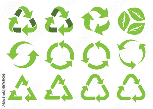 Collection of recycling and rotation arrow symbols. Recycle icons. Recycling arrows. Green icons for packaging, recycling. Ecology, environmentally friendly, environmental management symbols.
