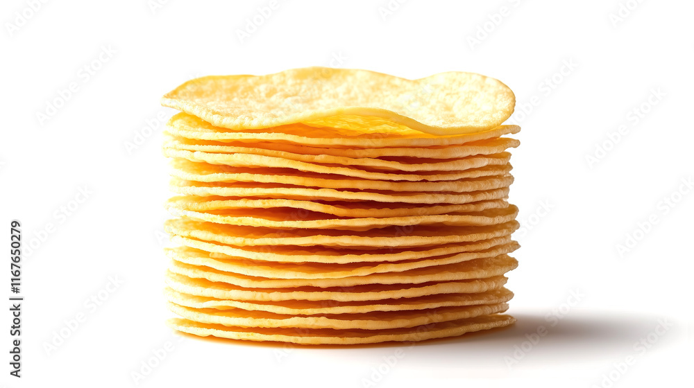 side view on one single potato chips stack isolated on white background	
