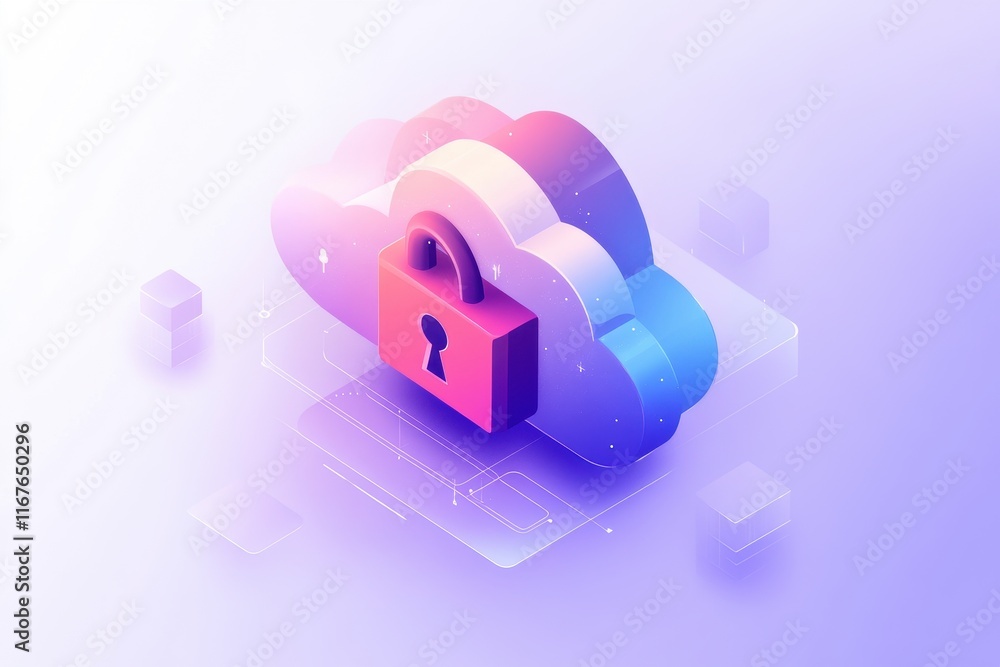 Obraz premium Colorful cloud with a lock symbolizing secure data storage and privacy in digital services
