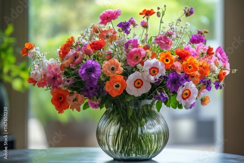 Colorful bouquet of fresh flowers displayed in blue glass vase near sunny window photo