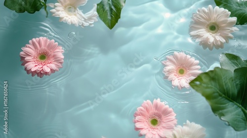 Colorful flowers floating in a tranquil water surface reflecting sunlight