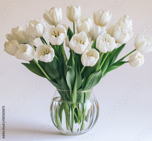 Beautiful white tulips arranged in a clear glass vase on a light background