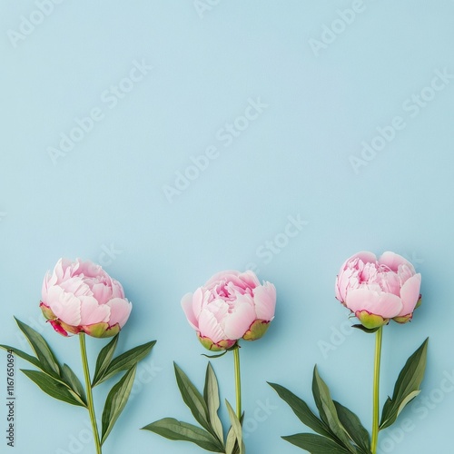 Colorful peonies arranged against a blue background create a vibrant floral d...