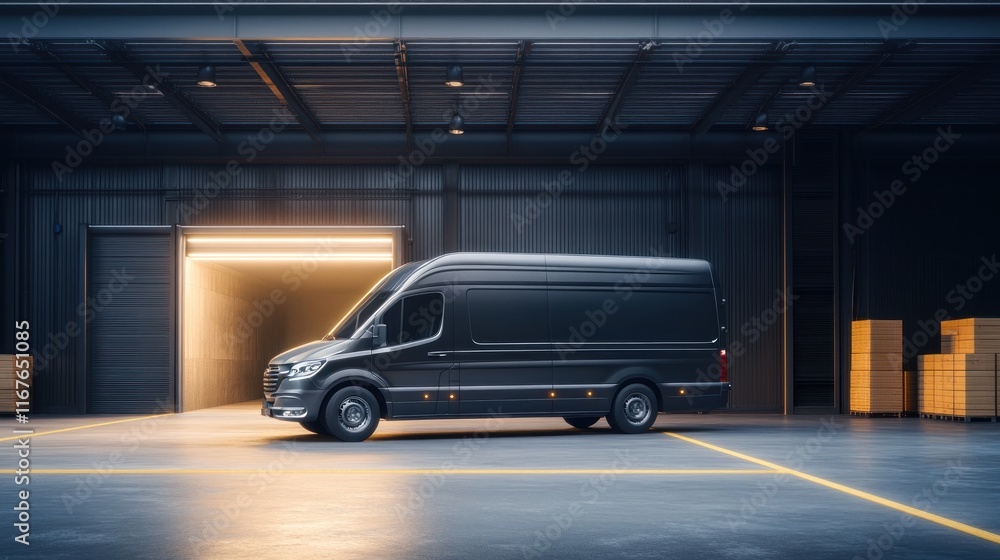 Black cargo van parked inside a dark warehouse with open garage door. Black cargo van parked inside a dark warehouse with open garage door.