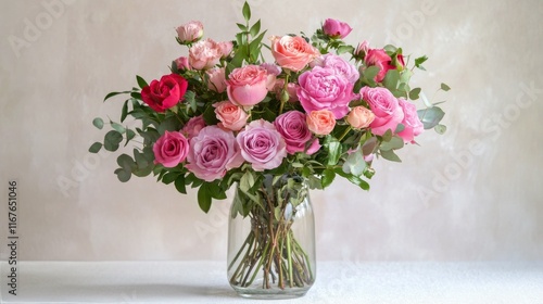 Beautiful bouquet of pink and red roses arranged in a clear glass vase for de...