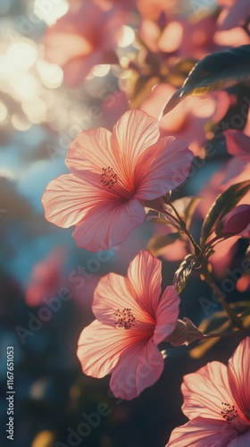 Soft pastel flowers in a serene garden illuminated by gentle sunlight during ...