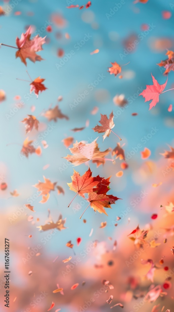 Autumn background with flying colorful leaves on a blurred sky background. Autumn background with flying colorful leaves on a blurred sky background.