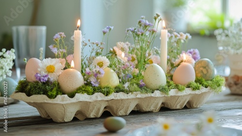 Decorated eggs on moss with flowers and candles for spring celebration