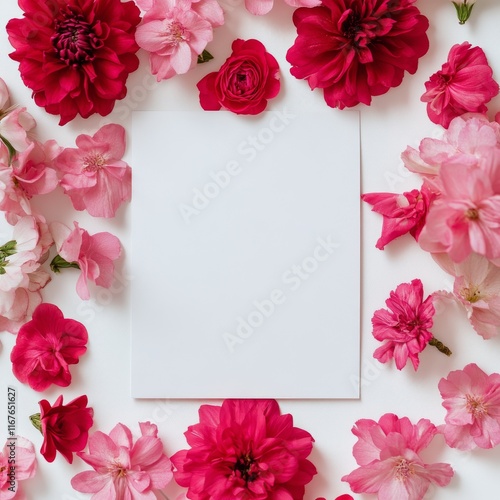 Floral arrangement featuring pink and red flowers around a blank space for cr...