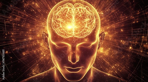 A glowing representation of a human head with a luminous brain, symbolizing thought and consciousness.