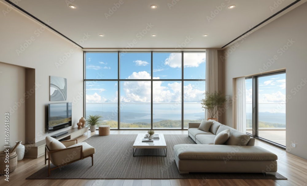 Luxurious modern bedroom, floor-to-ceiling windows, panoramic ocean view, blue sky with clouds, minimalist interior design, king-size bed, white bedding, beige tones, wooden flooring, flat-screen TV, Luxurious modern bedroom, floor-to-ceiling windows, panoramic ocean view, blue sky with clouds, minimalist interior design, king-size bed, white bedding, beige tones, wooden flooring, flat-screen TV,