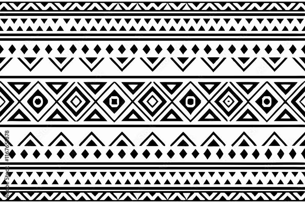 Seamless black and white Tribal geometric pattern vector ethnic decorative design, hand drawn border Seamless black and white Tribal geometric pattern vector ethnic decorative design, hand drawn border