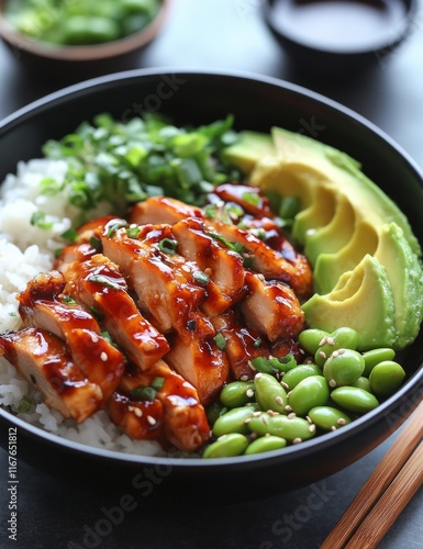 Delicious chicken bowl with rice, avocado, and green peas served on a dark table