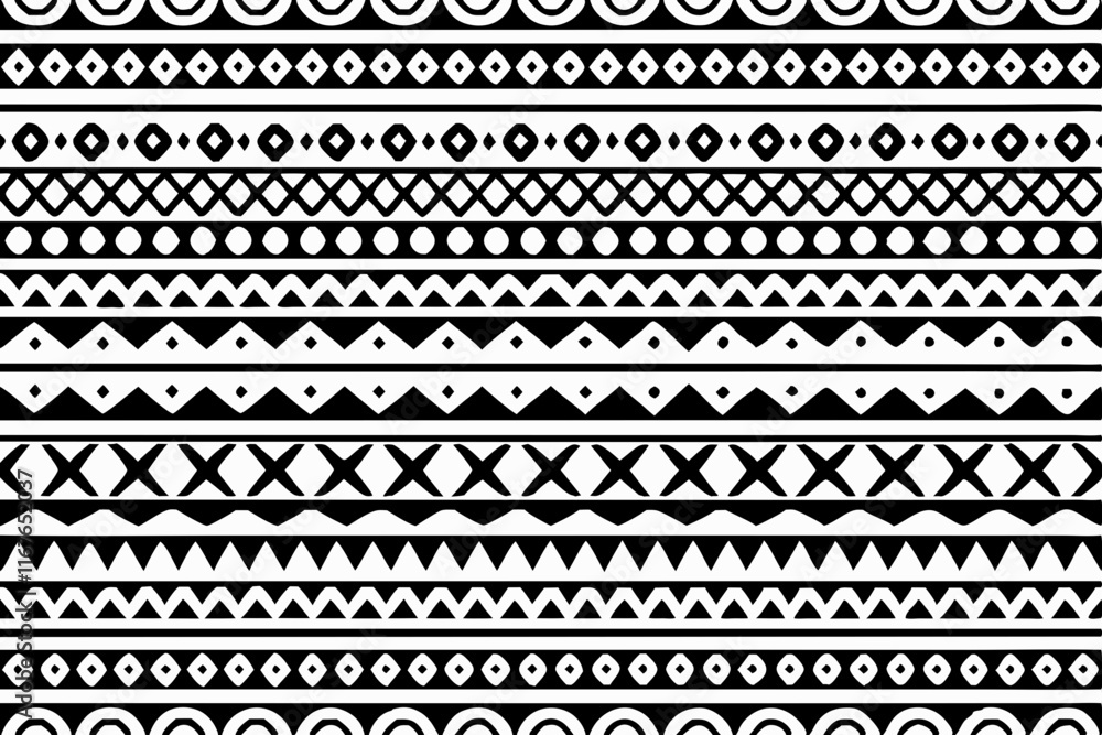 Seamless black and white Tribal geometric pattern vector ethnic decorative design, hand drawn border Seamless black and white Tribal geometric pattern vector ethnic decorative design, hand drawn border