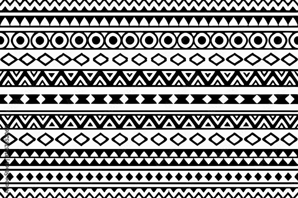Seamless black and white Tribal geometric pattern vector ethnic decorative design, hand drawn border Seamless black and white Tribal geometric pattern vector ethnic decorative design, hand drawn border