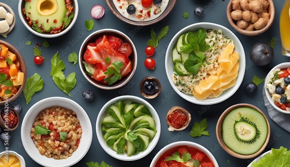 Assortment of Healthy Food Dishes. Top View Assortment of Healthy Food Dishes. Top View