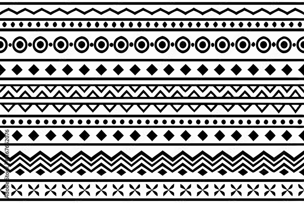 Seamless black and white Tribal geometric pattern vector ethnic decorative design, hand drawn border Seamless black and white Tribal geometric pattern vector ethnic decorative design, hand drawn border
