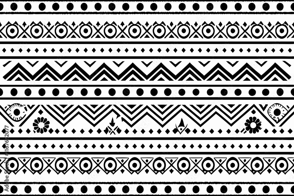 Seamless black and white Tribal geometric pattern vector ethnic decorative design, hand drawn border Seamless black and white Tribal geometric pattern vector ethnic decorative design, hand drawn border