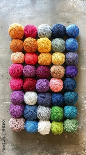 Colorful yarn balls arranged symmetrically on a blue surface for crafting act...