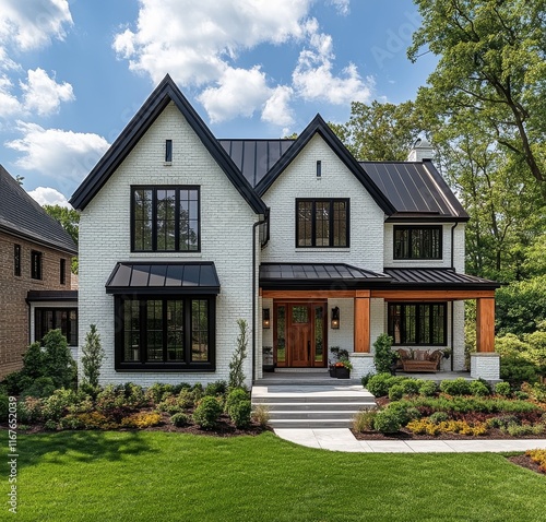 Modern house with large windows and landscaped yard in daytime