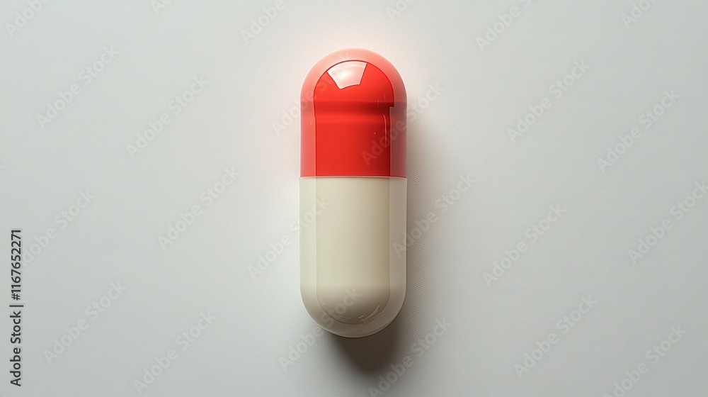 Close-up of a single red and white capsule pill on a white background. Close-up of a single red and white capsule pill on a white background.