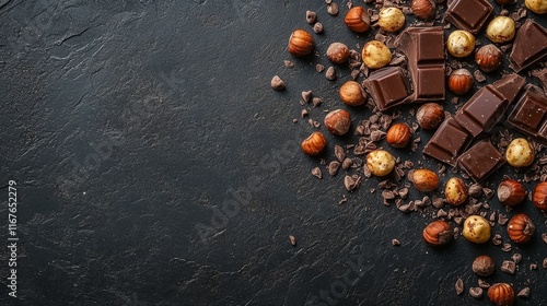 Dark chocolate and hazelnuts scattered on textured black surface for dessert ...