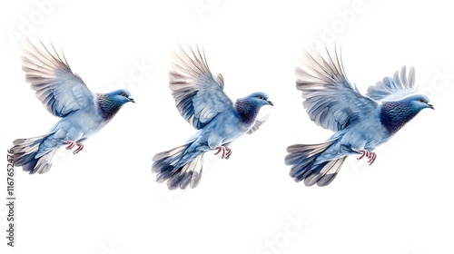 Group of Passenger Pigeons Ectopistes migratorius recreated in art flying high in the sky with faintly visible underwing details isolated on white photo