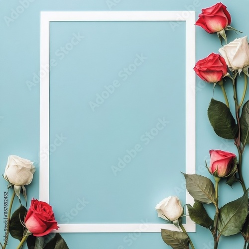 Floral arrangement with red and white roses on a blue background for creative...
