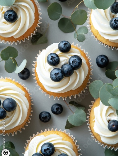 Blueberry topped cupcakes with creamy frosting and green leaves on a decorati...