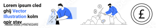 Characters chiseling away at rocks to collect currency coins. Ideal for financial growth, saving, investment, economy, wealth accumulation, hard work, determination. Landing page