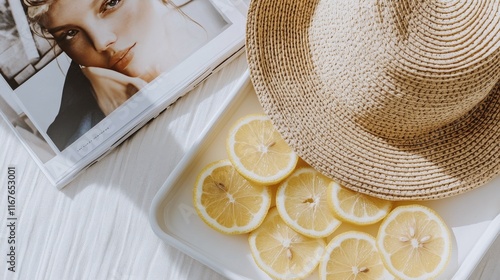 Sunshine vibes with a straw hat and fresh lemon slices on a stylish table