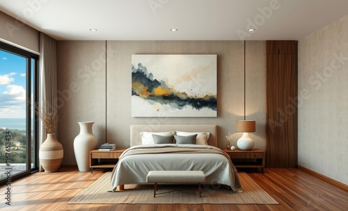 Modern luxury bedroom, large abstract painting, floor-to-ceiling windows, ocean view, wooden paneling, neutral color palette, minimalist design, soft lighting, king size bed, textured wall, contempora photo