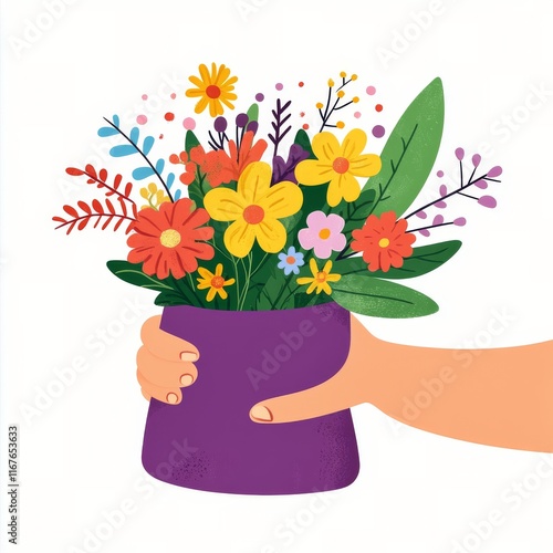 Hand holding a colorful flower pot with various blooms in a vibrant display o...