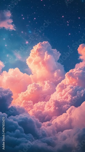 Bright and colorful clouds illuminated by sunset in a starry sky