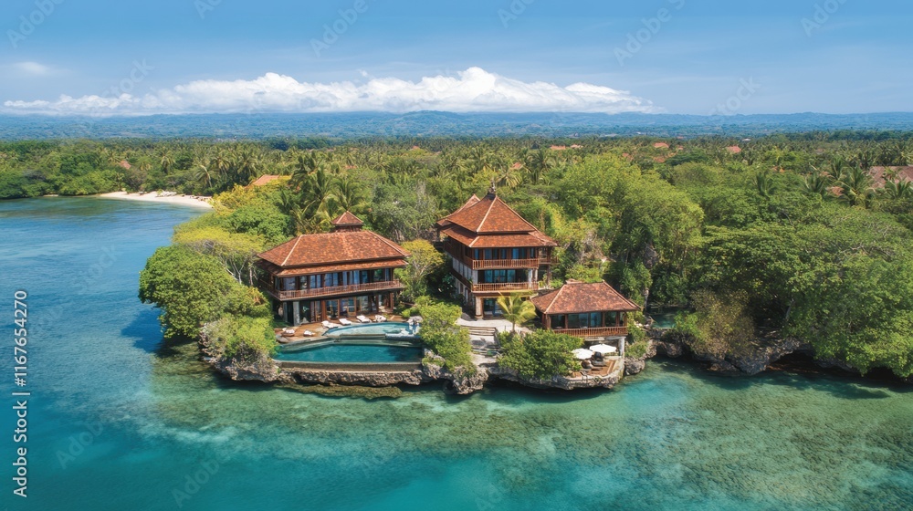 Fototapeta premium Luxury villa retreat bali aerial view tropical paradise serene environment