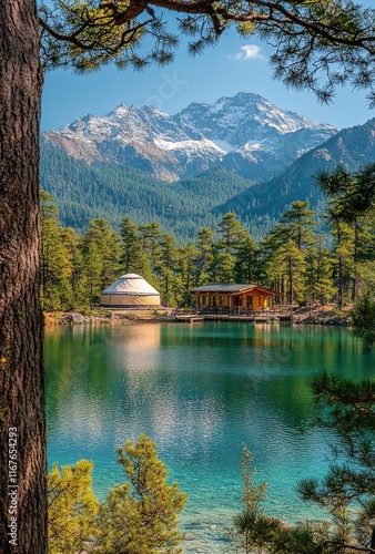 Beautiful mountain lake surrounded by trees with a quaint building reflecting...
