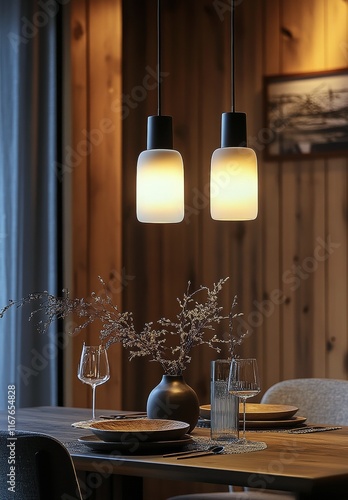 Stylish dining area with modern pendant lights and elegant table setting in w...