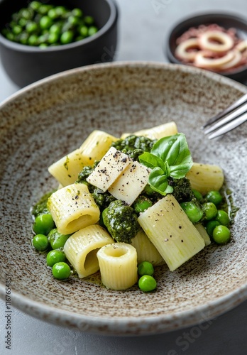 Delicious rigatoni pasta with basil pesto and peas served in a rustic bowl