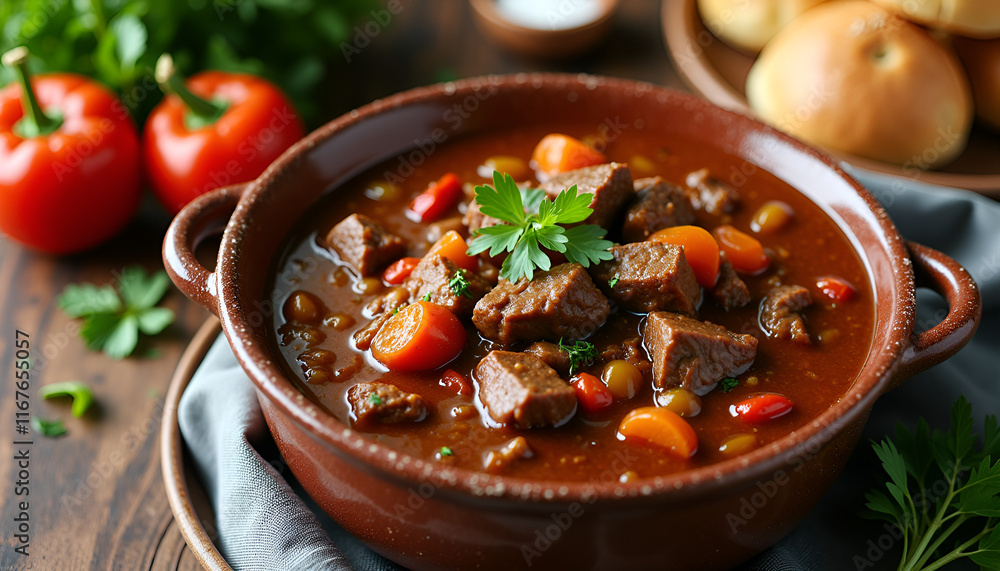 Delicious beef stew with vegetables in a rustic bowl Delicious beef stew with vegetables in a rustic bowl