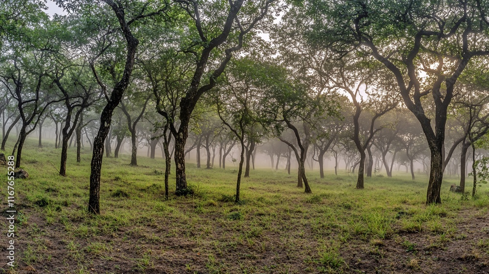 Misty sunrise in a lush green forest with trees and grass. Misty sunrise in a lush green forest with trees and grass.