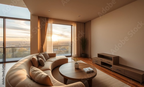 Cozy modern living room, floor-to-ceiling windows, panoramic sunset view, curved beige sofa, wooden coffee table, minimalist interior design, warm lighting, neutral color palette, clean lines, contemp photo