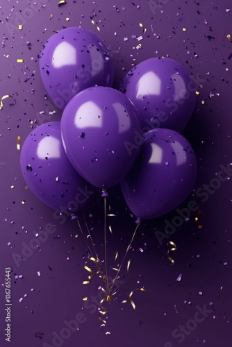 Celebration with purple balloons and confetti on a backdrop for a festive event