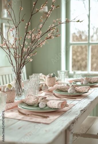 Elegant spring table setting with pastel decorations and blooming branches fo...