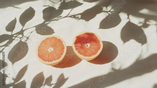 Freshly cut grapefruit halves casting shadows on a light background
