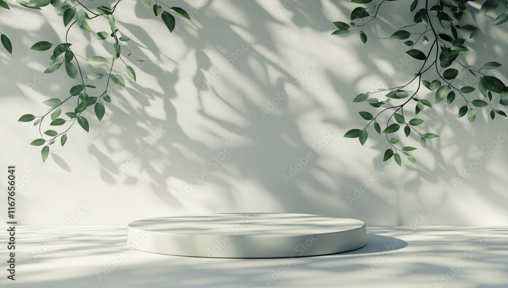 Minimal round podium with delicate leafy shadows Minimal round podium with delicate leafy shadows