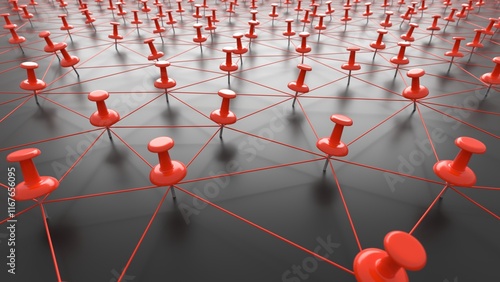 Many thumb tacks also called pushpins connected 3d illustration. Can be used to represent problem solving strategy, connecting dots of a police crime mystery or notepaper reminder analysis system