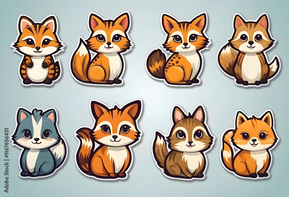 Fototapeta premium Eight adorable cartoon foxes sitting and smiling