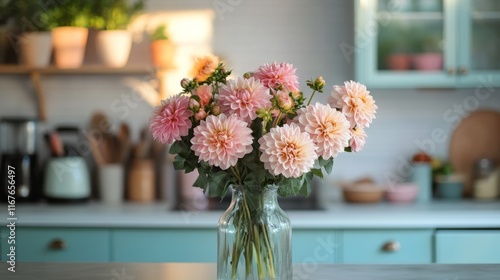 Beautiful bouquet of pink dahlias in a cozy kitchen setting with soft morning...