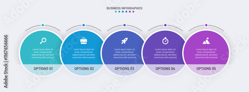 Horizontal progress bar featuring 5 arrow-shaped elements, symbolizing the five stages of business strategy and progression. Clean timeline infographic design template. Vector for presentation